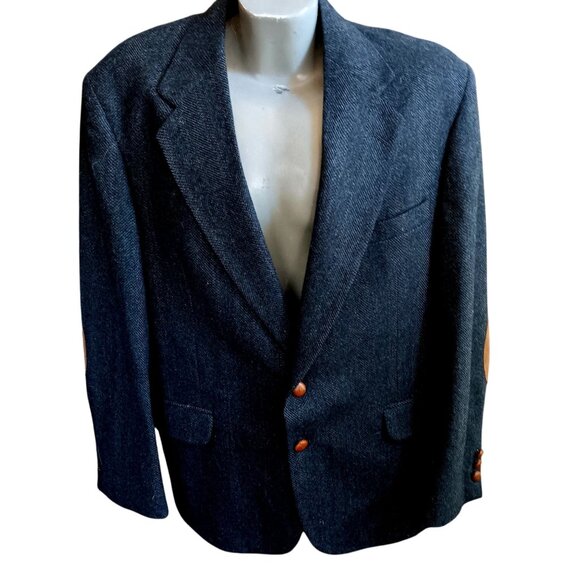 44R Vintage Mens Wool Blazer Suede Elbow Patches Dobbshire USA Herringbone 80's - Picture 2 of 9